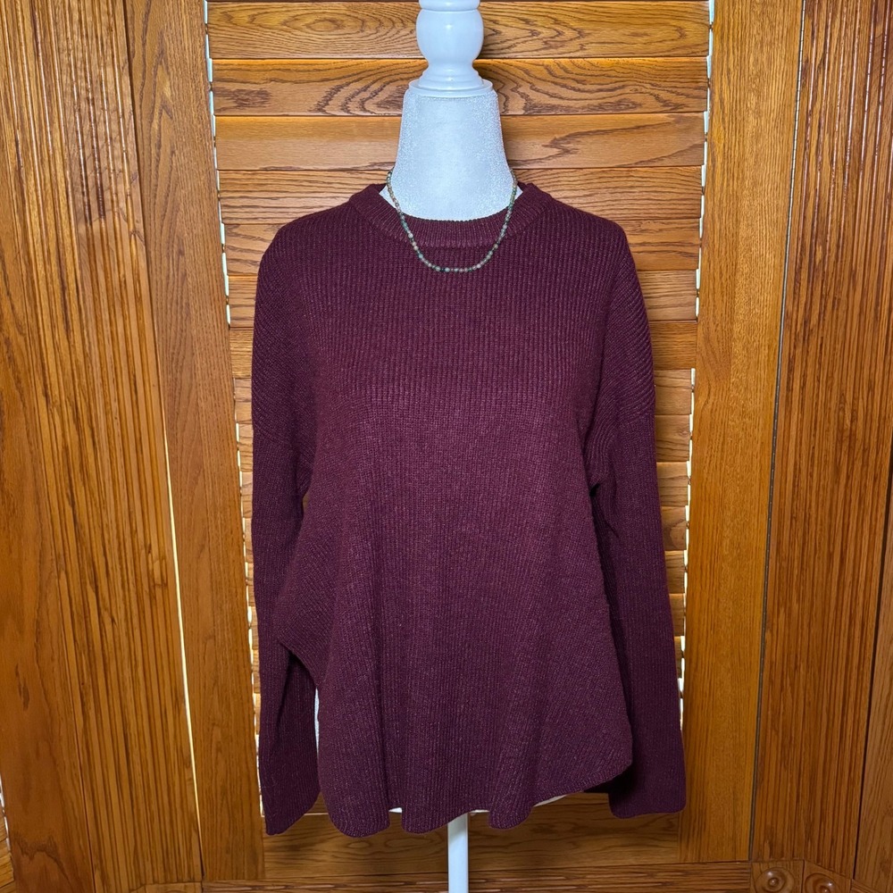 NWT Burgundy Ribbed Crewneck Sweater High Low Side Slit Size S